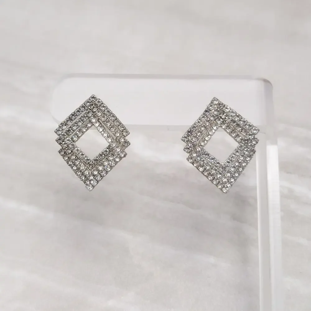Vintage Stud Earrings Geometric Clear Gem Silver Tone - Fair Condition